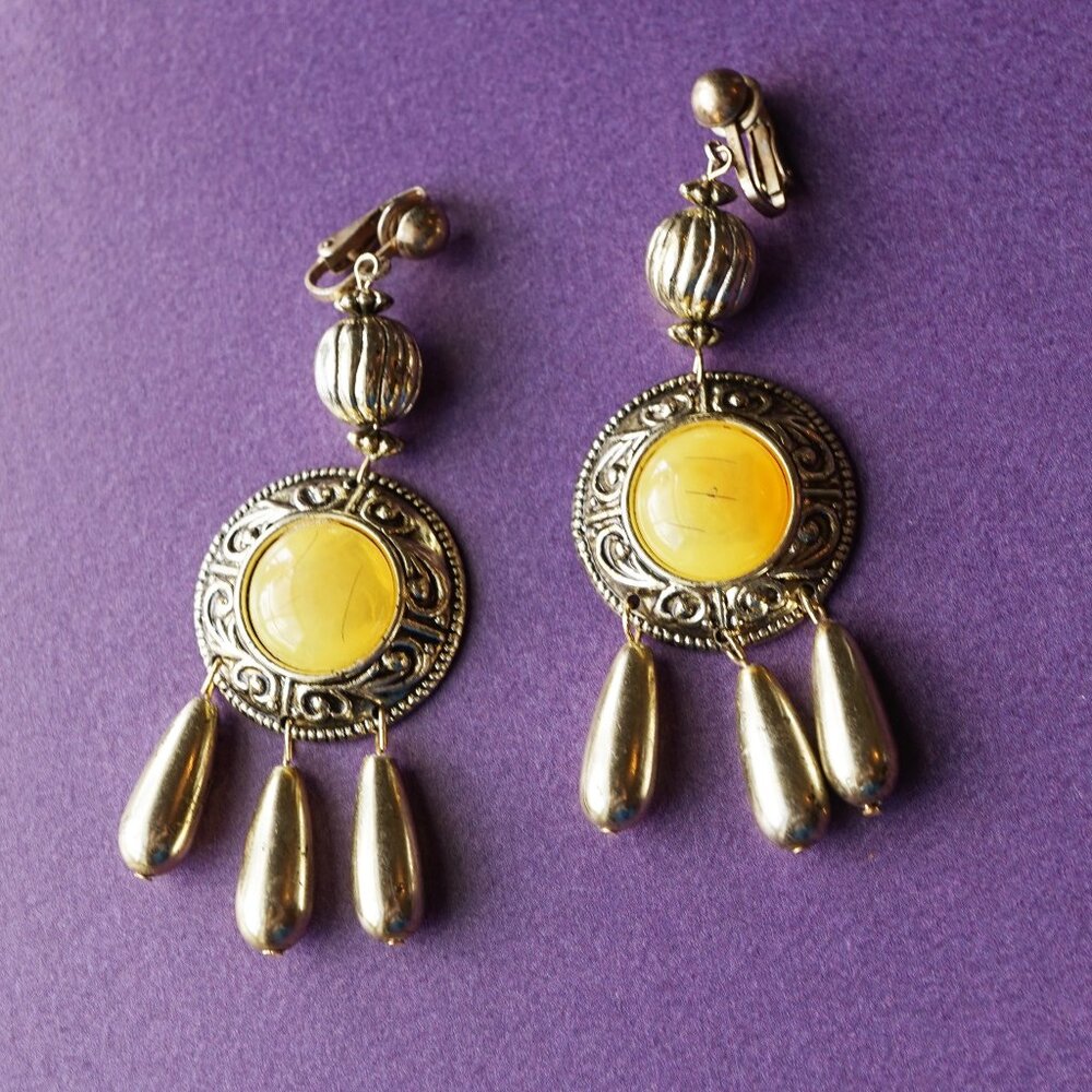 Vintage Gold-Tone Statement Dangle Clip-On Earrings w/ Yellow Cabochon, 3.25"